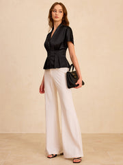 Satin Pleated Button Peplum Top