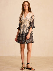 Print Deep V-Neck Mini Dress