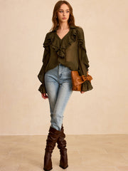 Semi-Sheer Chiffon Ruffle Shirt with Stud Embellishments