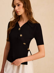 Asymmetric Metal Button Ribbed Knit Polo Top