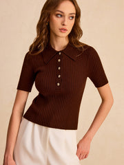 Metal Button Ribbed Knit Polo Top