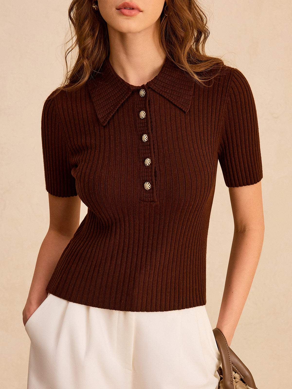 Metal Button Ribbed Knit Polo Top