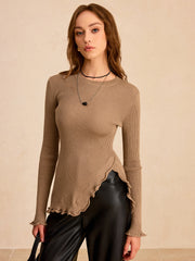Wool Blend Asymmetric Ruffled Hem Sweater