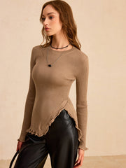 Wool Blend Asymmetric Ruffled Hem Sweater