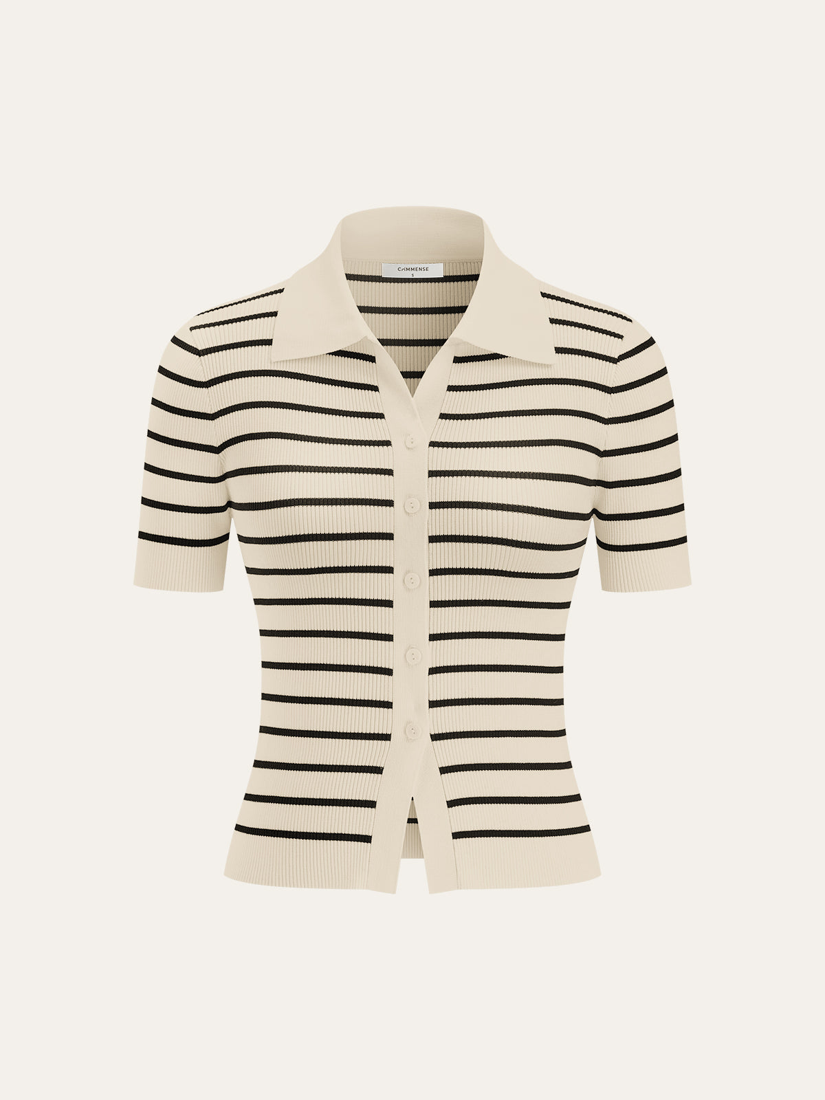 Striped Short-Sleeve Polo Collar Knit Cardigan