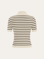 Striped Short-Sleeve Polo Collar Knit Cardigan