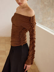 Off-Shoulder Ruched Top with Ruffled Sleeves