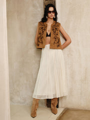 Floral Applique Suede Effect Vest