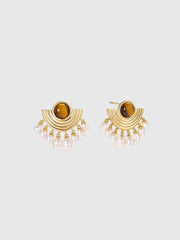 Tiger Eye Pearl Fan-Shaped Earrings