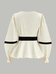 Contrast Belted Balloon Sleeve Shirt