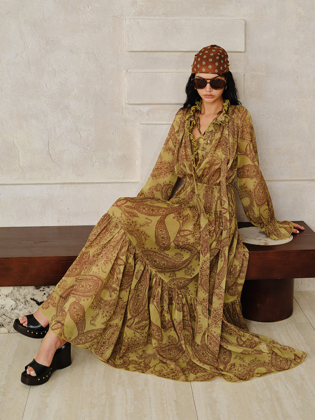 Boho Print Chiffon Maxi Dress Set with Liner