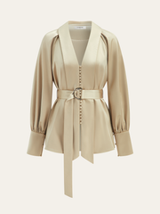 Belted Volume-Sleeve Jacket with Cloth Button