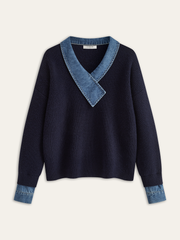 Denim Panel Asymmetric V-Neck Knit Top