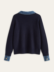 Denim Panel Asymmetric V-Neck Knit Top