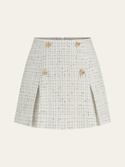 Metal Button Pleated Tweed Mini Skirt