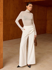Asymmetric Button Mid-Waist Wide-Leg Pants