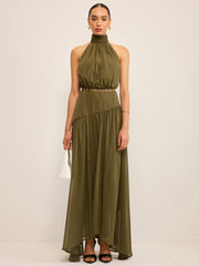 Semi-Sheer Halter Neck Chiffon Maxi Dress with Back Bow
