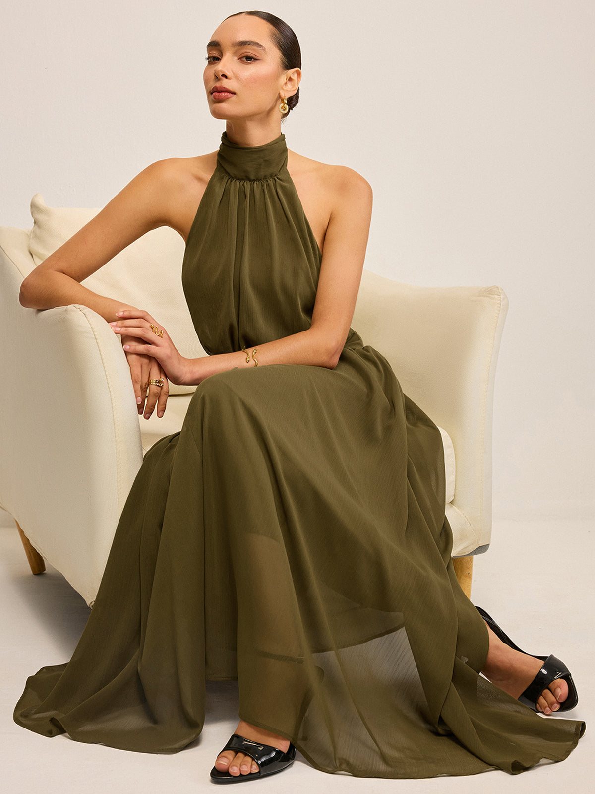 Semi-Sheer Halter Neck Chiffon Maxi Dress with Back Bow
