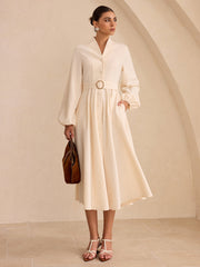 Belted Button-Front Long-Sleeve Midi Dress