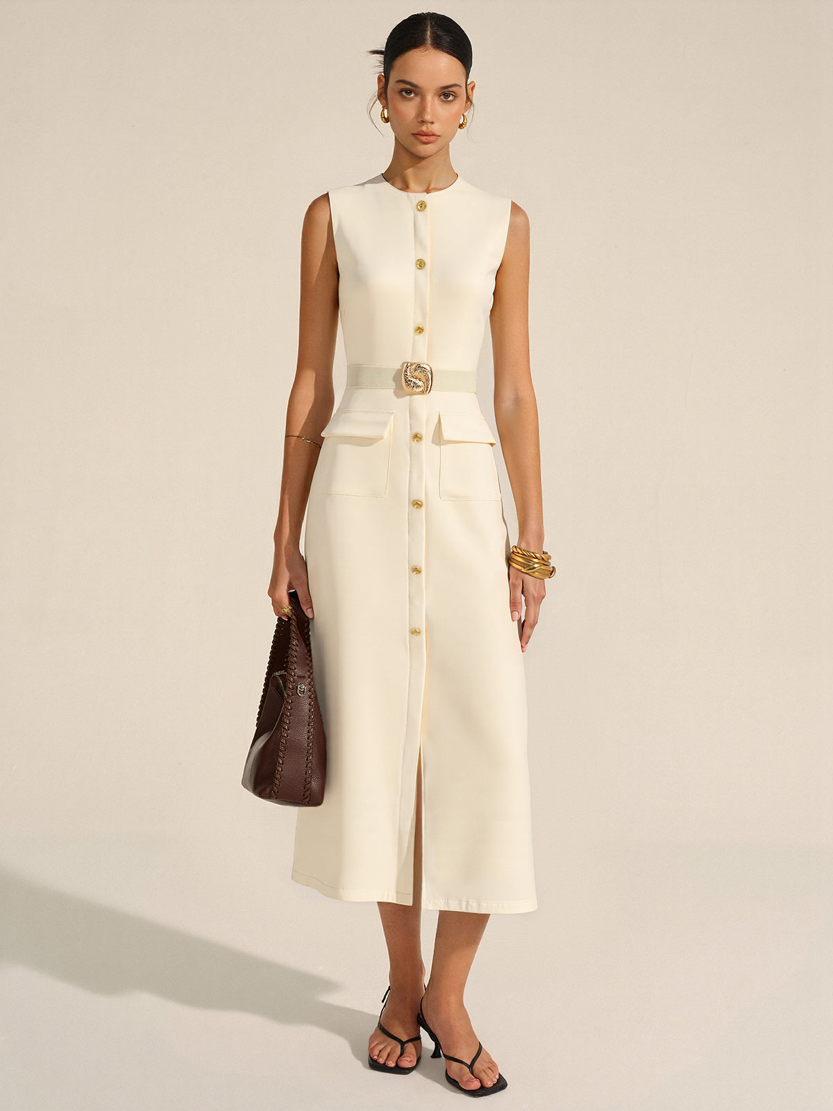 Button-Front Belted Maxi Dress