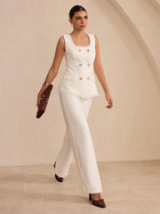 Tweed Side Slit Wide-Leg Pants