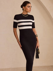 Contrast Striped Short Sleeve Ribbed Midi Dress