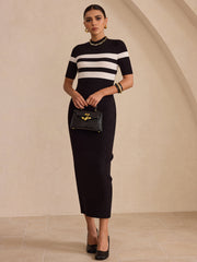 Contrast Striped Short Sleeve Ribbed Midi Dress