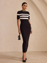 Contrast Striped Short Sleeve Ribbed Midi Dress