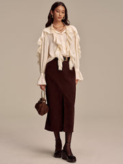 Ruffled Lace Trim Bell Sleeve Shirt