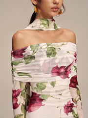 Floral Print Off-Shoulder Mesh Maxi Dress with Scarf Detail