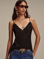 Semi-Sheer Embroidered Floral Chiffon Cami Top