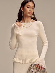 Ribbed Knit Mesh Ruffled Hem Bell Sleeve Top