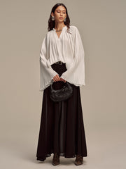 Metal Collar Pleated Long-Sleeve Blouse
