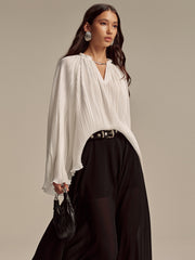 Metal Collar Pleated Long-Sleeve Blouse