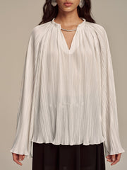 Metal Collar Pleated Long-Sleeve Blouse