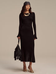 Wool Blend Ribbed Knit Maxi Dress with Mesh Hem