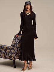 Wool Blend Ribbed Knit Maxi Dress with Mesh Hem