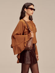 Chiffon Ruffled Tiered Sleeve Tie-Neck Blouse