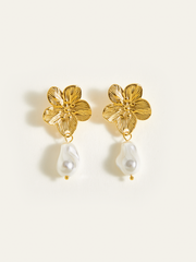 Golden Floral Pearl Drop Earrings