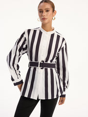 Contrast Striped Belted Shirt