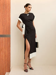 Contrast Trim Bow Slit Midi Dress