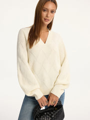 Wool-Blend Argyle Textured V-Neck Sweater