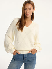 Wool-Blend Argyle Textured V-Neck Sweater