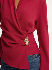 Asymmetric Metal Detail V-Neck Blouse
