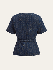 Tweed Short-Sleeved Blazer with Belt