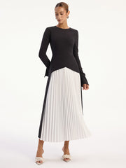 Two-Tone Long Sleeve Pleated Midi Dress