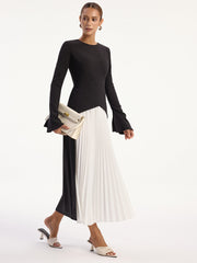 Two-Tone Long Sleeve Pleated Midi Dress