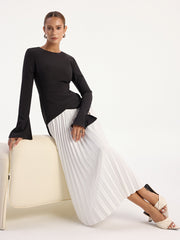 Two-Tone Long Sleeve Pleated Midi Dress