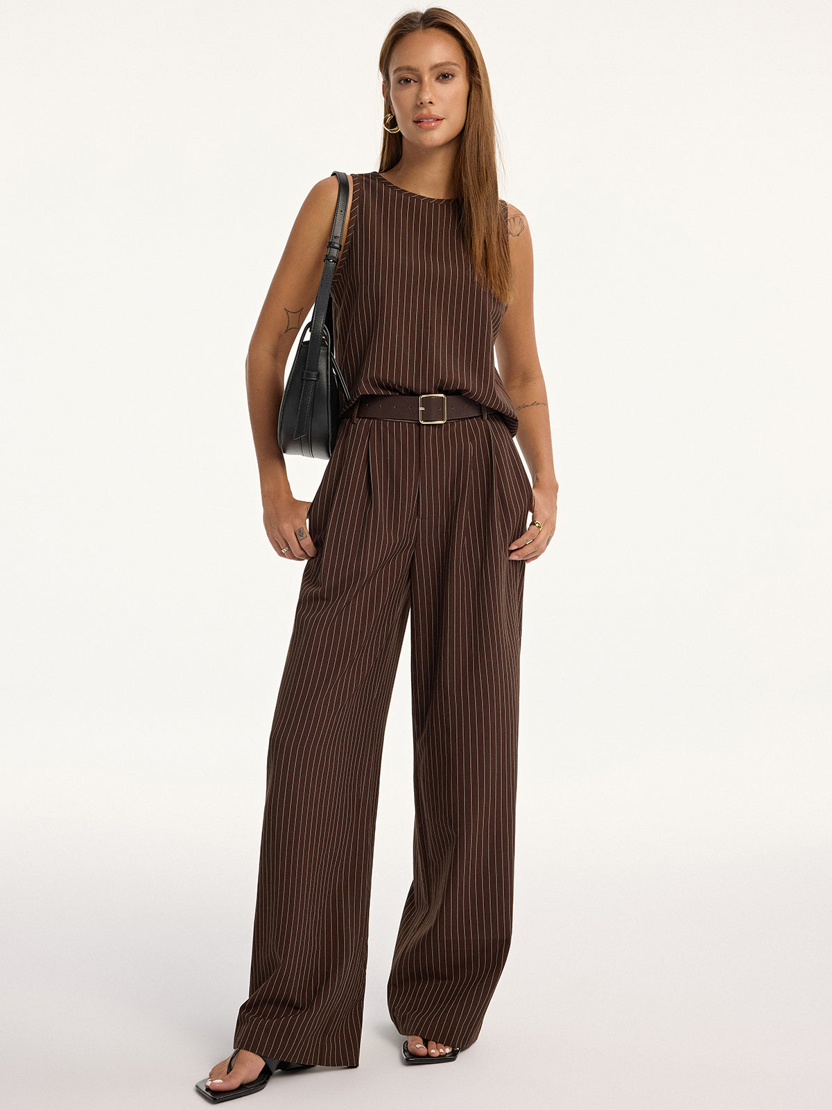Pinstripe Sleeveless Top and Pants Set with Belt