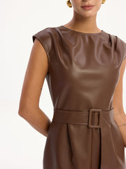 PU Leather Sleeveless Belted Midi Dress